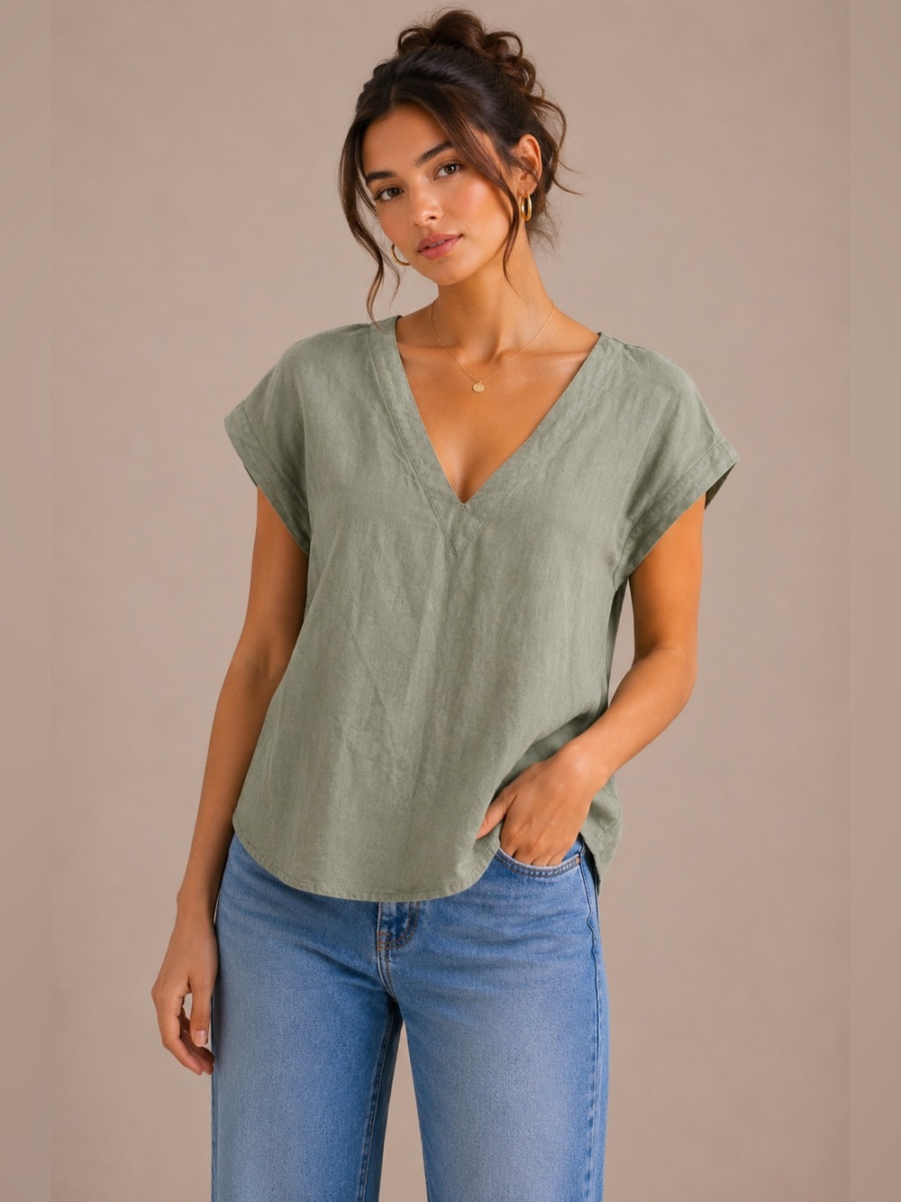 ICHI‎ Sage green linen blend minimalist shirt Size 38 (medium)